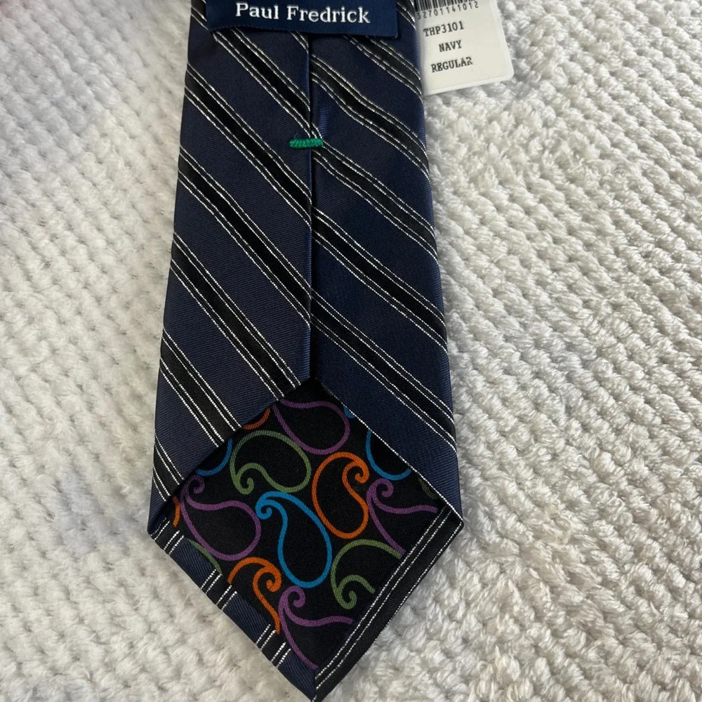Paul Fredrick‎ Mens Navy Blue Striped Silk Blend Necktie Made in Italy THP3101